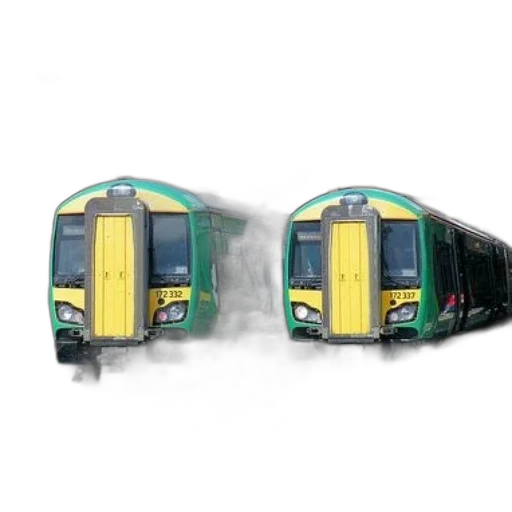 photorealistic, 3d render, concept art, fog, two, green, yellow, trains transparent PNG cut-out