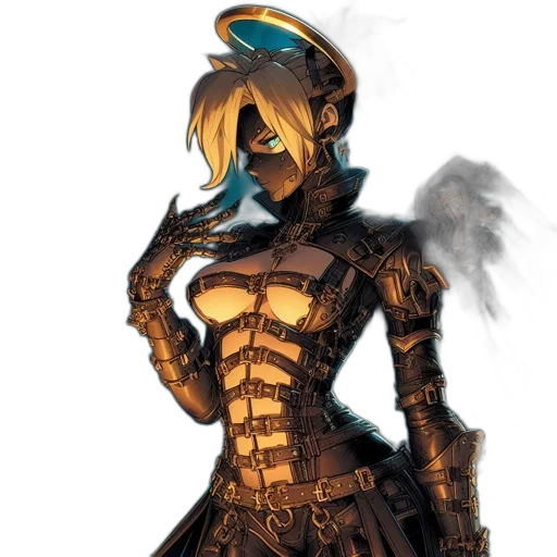 mask, robot, dress, staff, concept art, fantasy art, comic book art, cyberpunk transparent PNG cut-out