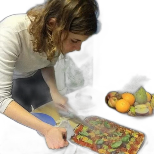 food, photorealistic, oil painting, watercolor, person, cutting, pizza, wooden transparent PNG cut-out