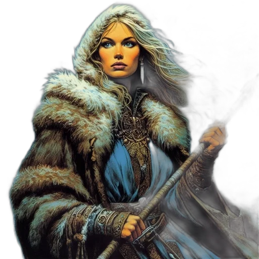 sword, fantasy art, comic book art, concept art, pixel art, blue, woman, fur-lined transparent PNG cut-out