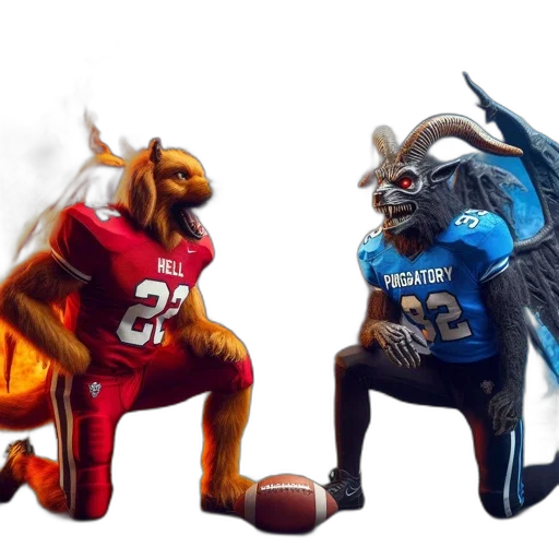 concept art, two, mythical, creatures, hell, red, jersey, purgatory transparent PNG cut-out