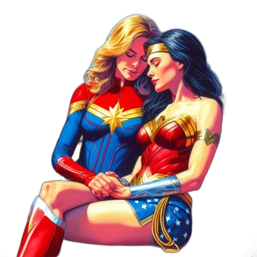comic book art, concept art, fantasy art, cartoon, two, female, superheroes, matching transparent PNG cut-out