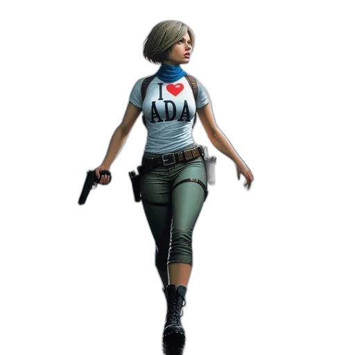 weapon, jacket, concept art, 3d render, pixel art, comic book art, woman, walks transparent PNG cut-out