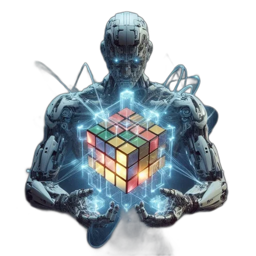 robot, cyberpunk, pixel art, concept art, fantasy art, anthropomorphic, holds, holographic transparent PNG cut-out