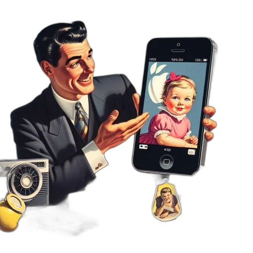 photorealistic, concept art, man, suit, holds, smartphone, showing, photo transparent PNG cut-out