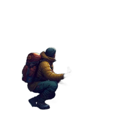 jacket, weapon, robot, staff, pixel art, concept art, 3d render, watercolor transparent PNG cut-out