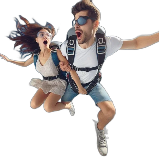3d render, concept art, photorealistic, two, individuals, tandem, skydiving, against transparent PNG cut-out