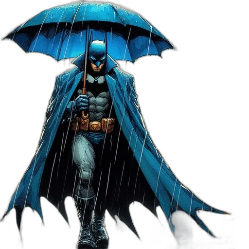 umbrella, comic book art, concept art, blue, batman, stands, rain, under transparent PNG cut-out
