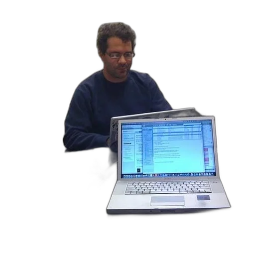 staff, robot, man, sits, desk, laptop, open, front transparent PNG cut-out