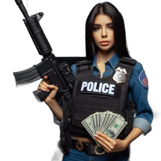weapon, concept art, 3d render, photorealistic, comic book art, woman, blue, police transparent PNG cut-out