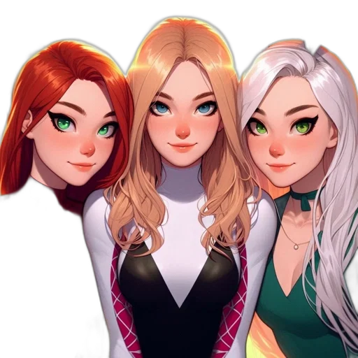 comic book art, fantasy art, concept art, cartoon, colorful, three, female, characters transparent PNG cut-out