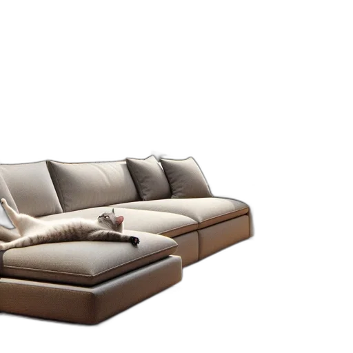 furniture, 3d render, photorealistic, earth tones, gray, sofa, cat, warm transparent PNG cut-out