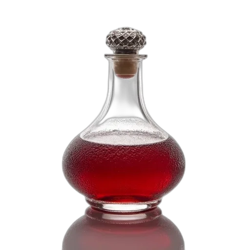 bottle, crown, dress, 3d render, photorealistic, red, transparent, glass transparent PNG cut-out
