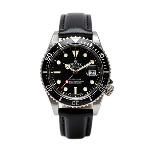 black, silver, wristwatch, leather, strap, displayed, against, white transparent PNG cut-out
