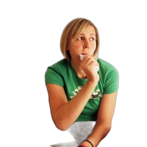 staff, face, woman, green, shirt, plaid, pants, sits transparent PNG cut-out