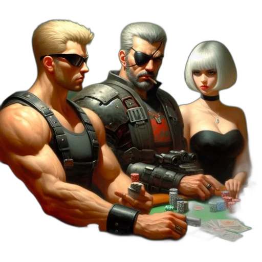 weapon, cyberpunk, concept art, pixel art, comic book art, three, individuals, blonde-haired transparent PNG cut-out