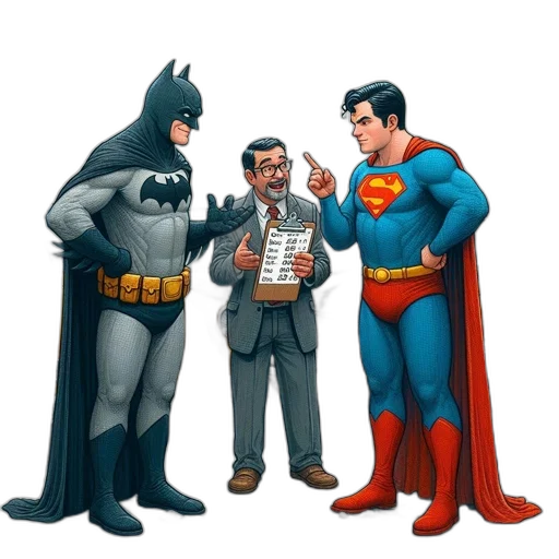 comic book art, concept art, cartoon, three, famous, characters--batman, superman, suited transparent PNG cut-out