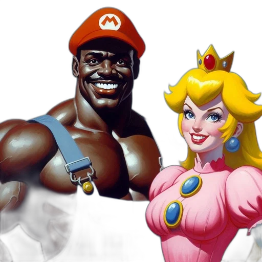 concept art, comic book art, mario, princess, peach, two, characters, super transparent PNG cut-out