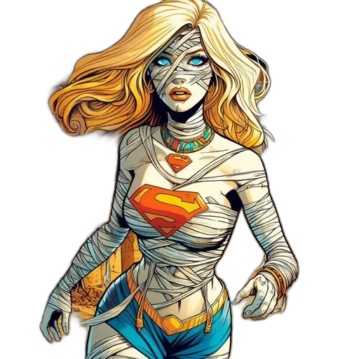 comic book art, concept art, cartoon, supergirl, wrapped, bandages, stands, ancient transparent PNG cut-out