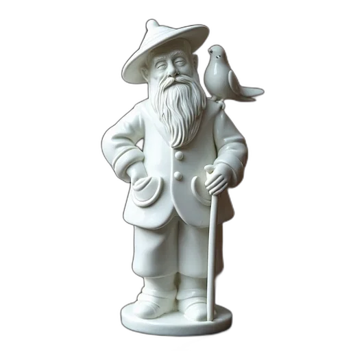 hat, staff, 3d render, photorealistic, white, porcelain, figurine, elderly transparent PNG cut-out