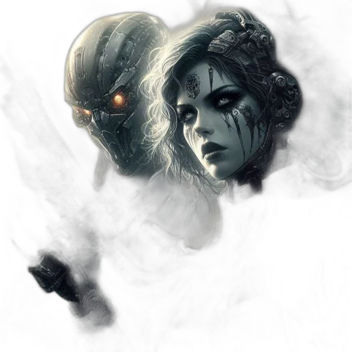 mask, robot, face, concept art, fantasy art, comic book art, cyberpunk, fog transparent PNG cut-out
