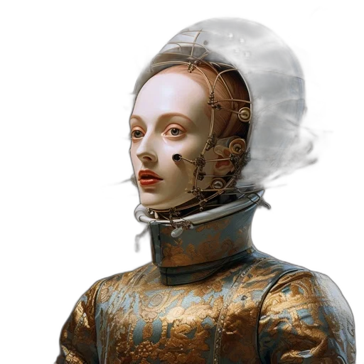 robot, mask, face, dress, concept art, cyberpunk, photorealistic, 3d render transparent PNG cut-out