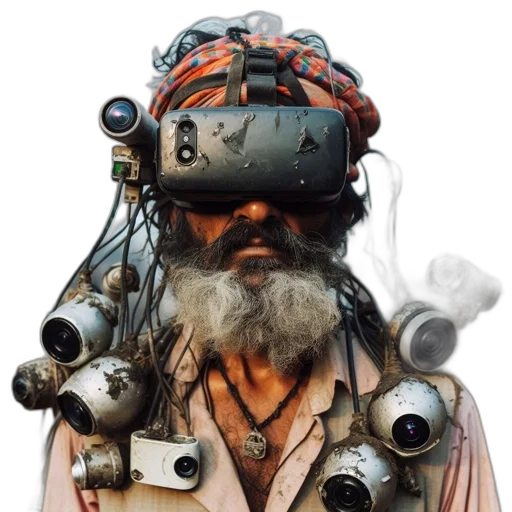 robot, mask, face, staff, cyberpunk, concept art, 3d render, photorealistic transparent PNG cut-out
