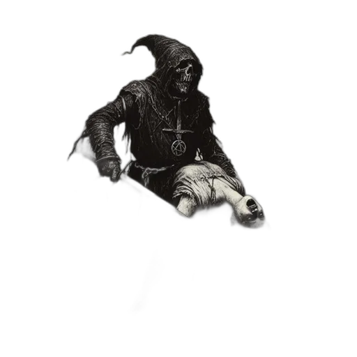 mask, staff, creature, jacket, concept art, fantasy art, comic book art, pixel art transparent PNG cut-out