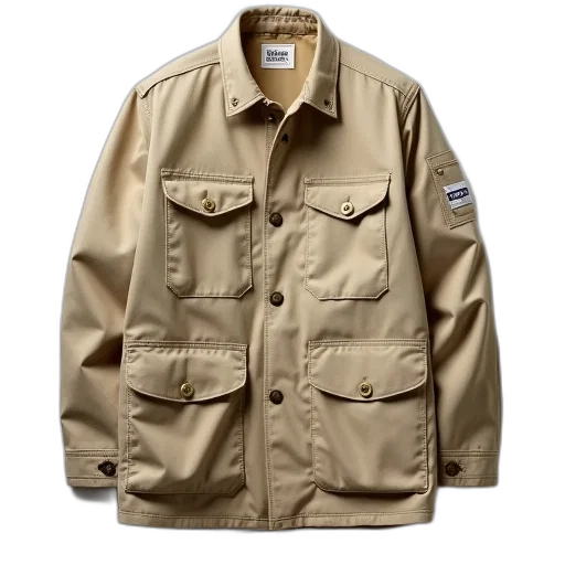 jacket, earth tones, beige, button-up, long-sleeve, multiple, pockets, collar transparent PNG cut-out