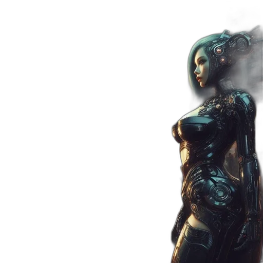 robot, dress, concept art, 3d render, comic book art, cyberpunk, dark, green transparent PNG cut-out