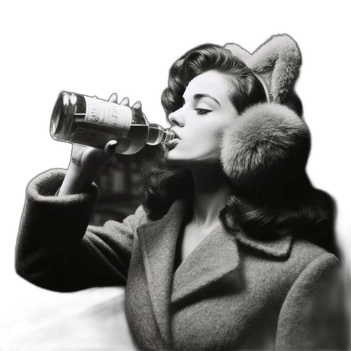 jacket, bottle, hat, crown, photorealistic, woman, coat, earmuffs transparent PNG cut-out