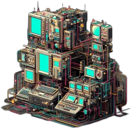 robot, building, furniture, weapon, cyberpunk, pixel art, concept art, 3d render transparent PNG cut-out