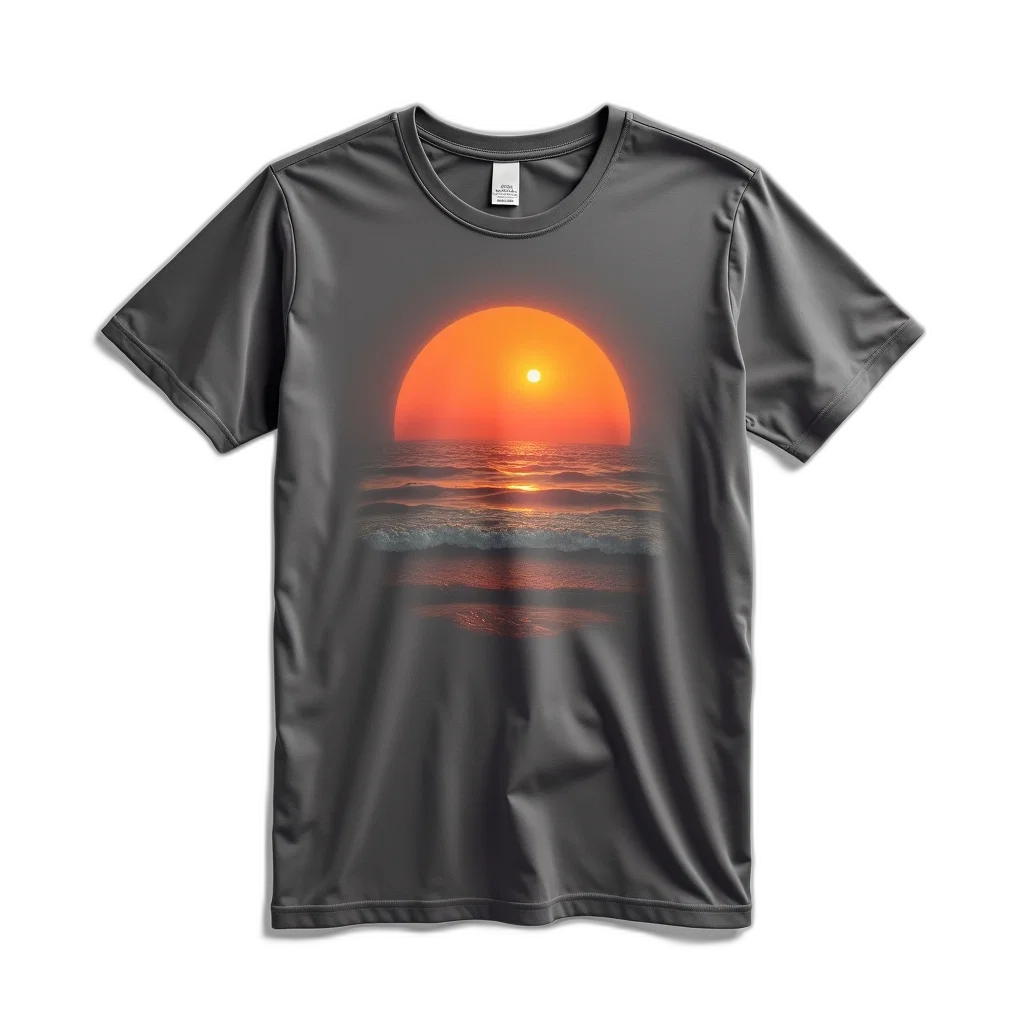 3d render, photorealistic, sunset, outer space, fire, grey, t-shirt, graphic transparent PNG cut-out