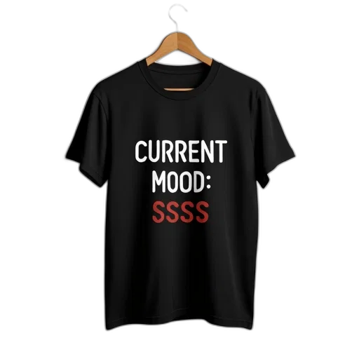 3d render, black, t-shirt, phrase, current, mood, ssss, printed transparent PNG cut-out