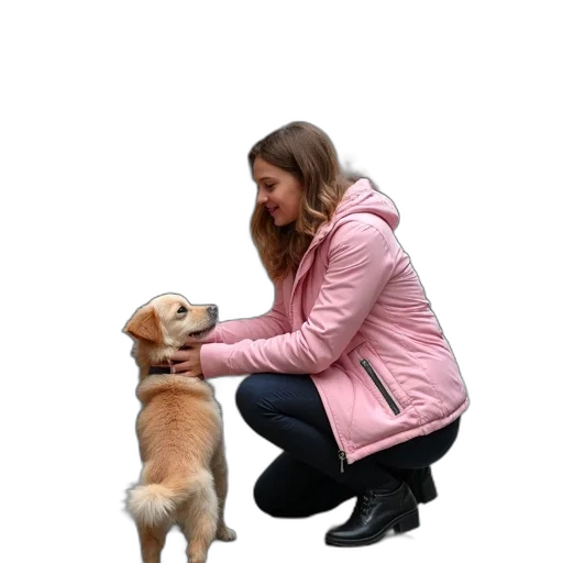animal, jacket, staff, creature, photorealistic, woman, pink, kneeling transparent PNG cut-out
