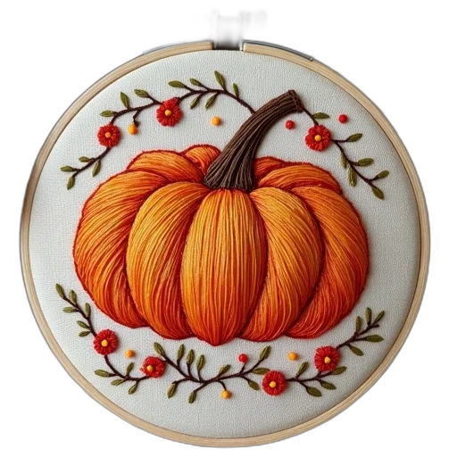food, hand-stitched, embroidery, pumpkin, detailed, pattern, orange, yellow transparent PNG cut-out
