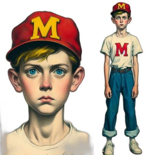 hat, concept art, comic book art, photorealistic, cartoon, realistic, portrait, boy transparent PNG cut-out