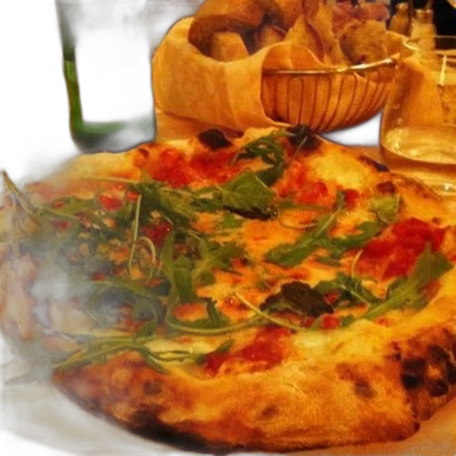 food, photorealistic, 3d render, fire, pizza, arugula, top, sits transparent PNG cut-out