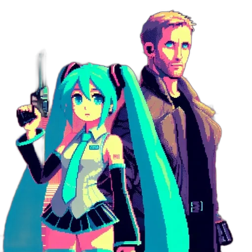 weapon, jacket, staff, pixel art, cyberpunk, concept art, anime, neon lights transparent PNG cut-out