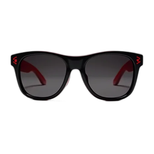 pair, black, sunglasses, red, accents, temples, logo, right transparent PNG cut-out