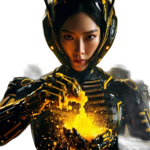 robot, concept art, photorealistic, comic book art, cyberpunk, outer space, golden, woman transparent PNG cut-out