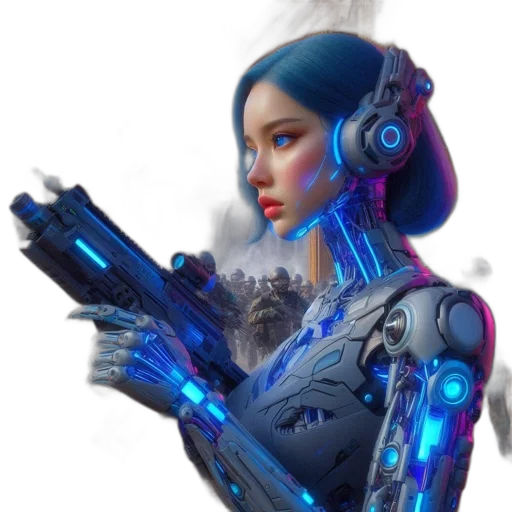 robot, weapon, cyberpunk, concept art, fantasy art, 3d render, neon lights, blue transparent PNG cut-out
