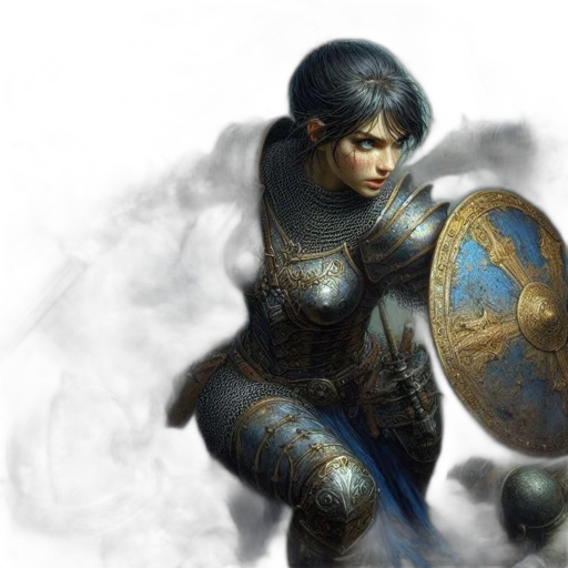 sword, fantasy art, concept art, photorealistic, comic book art, blue, golden, female transparent PNG cut-out