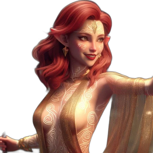 dress, fantasy art, concept art, comic book art, photorealistic, golden, elf-like, woman transparent PNG cut-out
