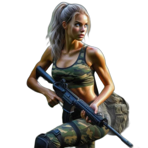 weapon, concept art, photorealistic, pixel art, fantasy art, determined, woman, camouflage transparent PNG cut-out