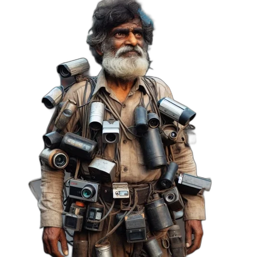 staff, weapon, jacket, robot, concept art, cyberpunk, 3d render, photorealistic transparent PNG cut-out