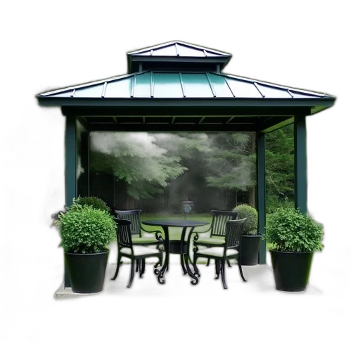umbrella, furniture, building, 3d render, photorealistic, rain, fog, black transparent PNG cut-out