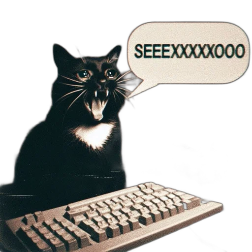 robot, animal, staff, cat, sits, desk, computer, keyboard transparent PNG cut-out