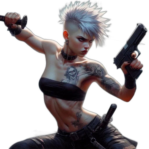 weapon, cyberpunk, concept art, comic book art, fantasy art, fierce, tattooed, woman transparent PNG cut-out