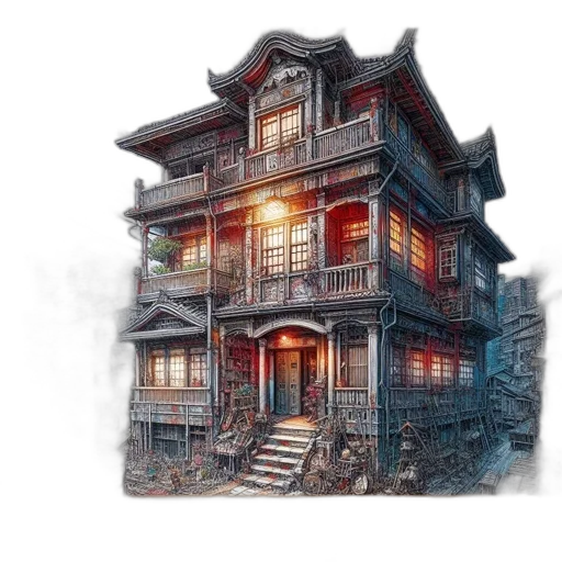 building, furniture, concept art, watercolor, photorealistic, 3d render, fog, city street transparent PNG cut-out